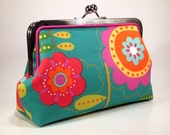 Cotton Clutch - Turquoise Big Flowers with Hot Pink Piping - FABbyCAB