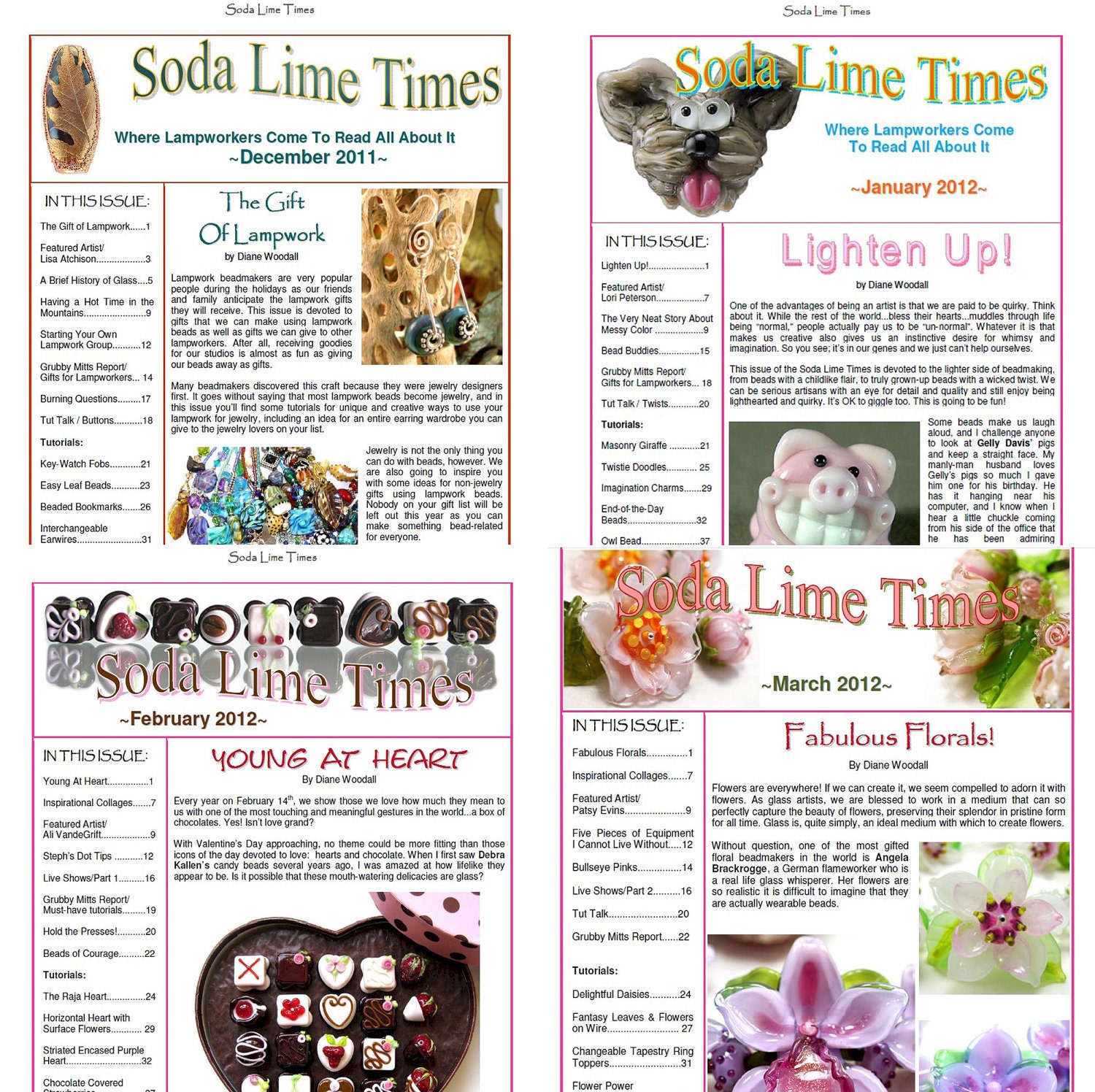 Back issue bundle - 4 issues of the Soda Lime Times Lampworking Magazine - Dec. 2011 through March 2012 by Diane Woodall