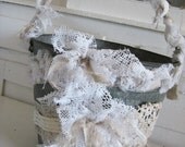 Tattered Antique Lace Galvenized Pail - Chic Farmhouse - Beautiful for Weddings -