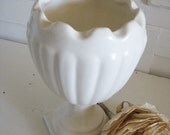 Vintage White Pottery Vase - So Sweet and So Shabby - Ruffled Rim - Pedestal Vase