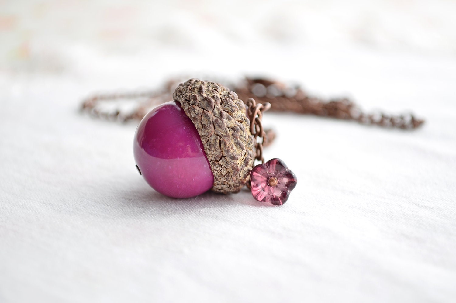 Acorn Necklace - Acorn Jewelry, Plum Purple, Magenta, Copper Necklace, Vintage Bead, Real Acorn Top - Woodland Collection - EternalEden