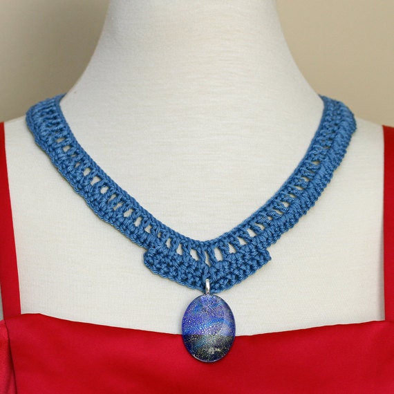 Crochet Necklace Summer Blue Glass Oval Dichroic Glass Pendant - 19  inch neck