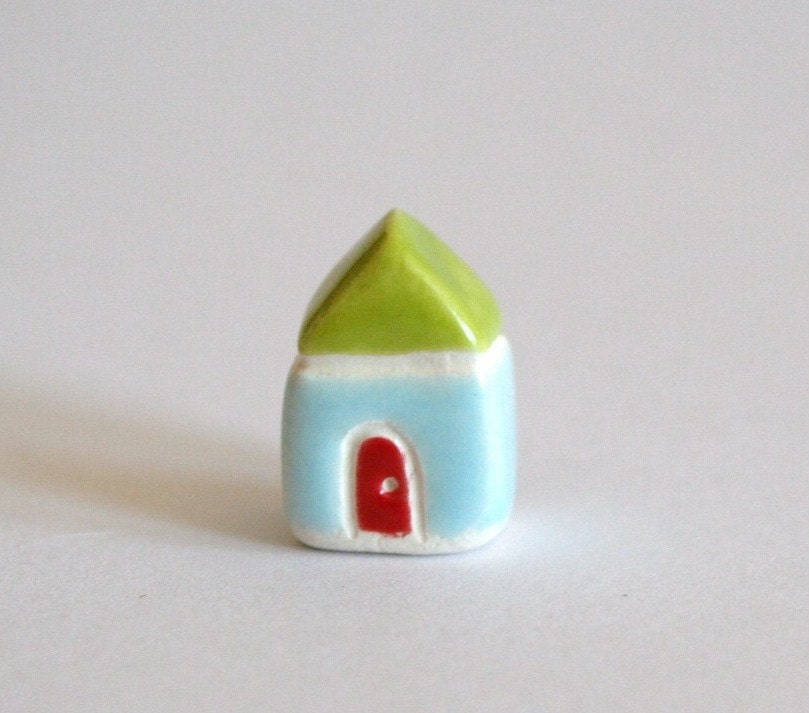 Little House - Lime Blue Red - Miniature Ceramic Clay Cottage