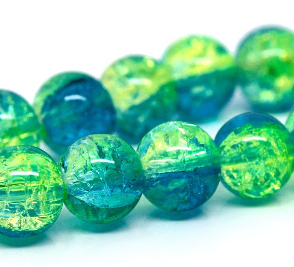 40 Beautiful Aqua and Green Crackle Glass Beads size 10mm.  Ships today from the USA.