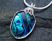 Blue Abalone Shell Necklace, Wire Wrapped Shell Pendant in Sterling Silver