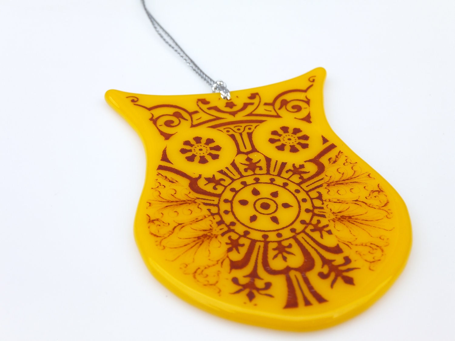 Handmade Mustard Yellow Glass Owl Ornament FREE SHIPPING (to USA)