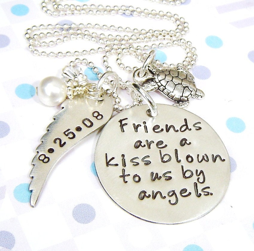 Friends charm necklace - Handstamped  angel wing charm necklace - Custom quote stamp