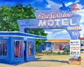 Route66 Blue Swallow Motel Neon Retro Sign Impressionist Painting Warren Keating