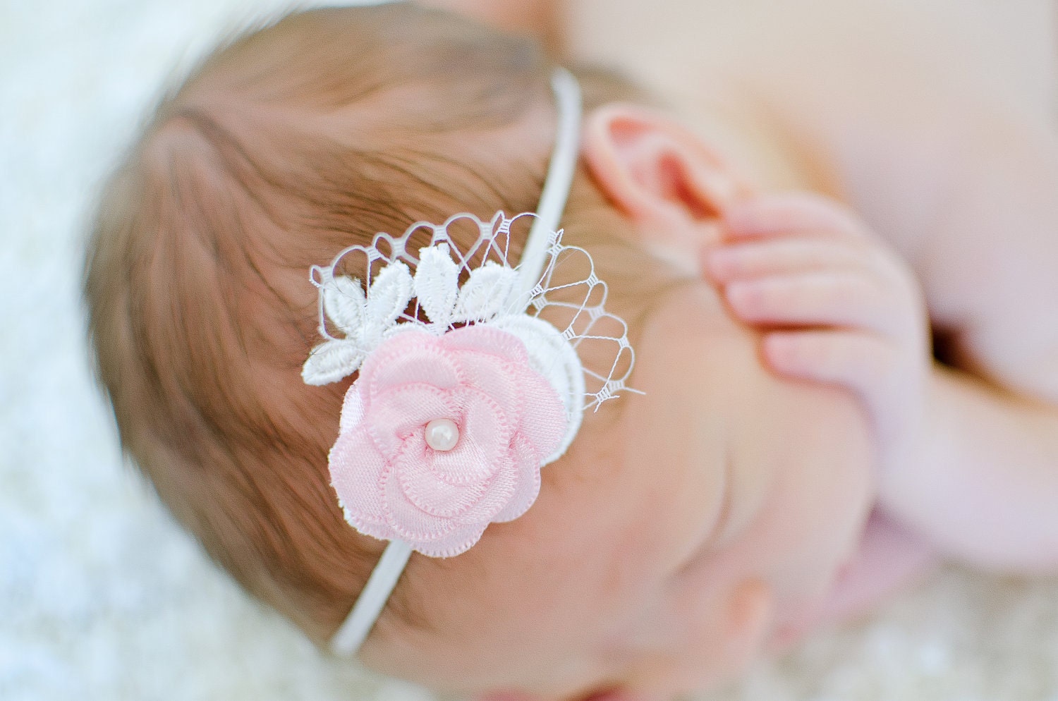 Baby Pink Satin Flower with Pearl, Veiling and Vintage Lace Accents Headband Women Baby Photography Prop