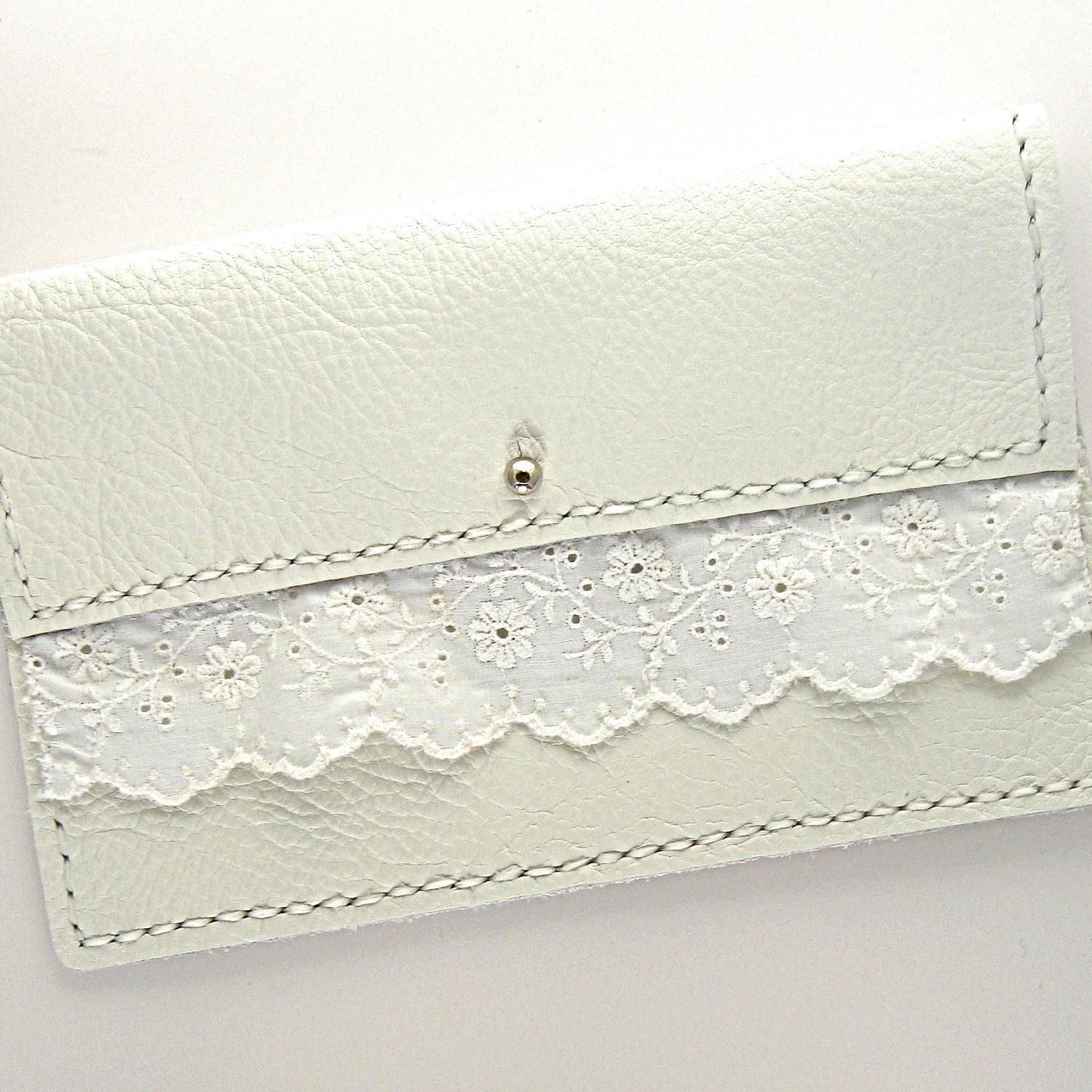 White Leather Bridal Clutch, A Hand Stitched Wedding Accessory with Vintage Eyelet Trim