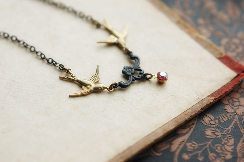 Golden brass swallows, floral filigree and aurora borealis rhinestone necklace - Summer nights