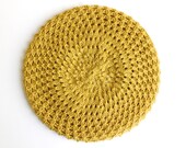 Women's beret hat hand knitted in chartreuse mustard, merino wool honeycomb texture