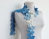 Blue Ombre Scarf. Floral Womens Scarves. Cotton ombre handmade Crocheted Scarf. in Sapphire Turquoise Sky Blue Scarf.