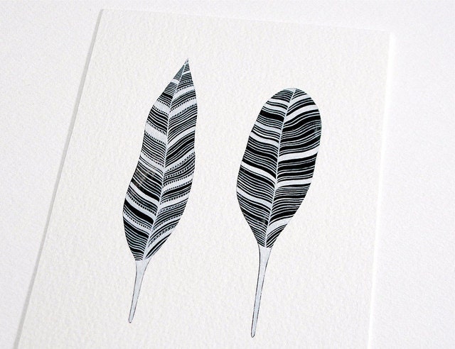 original monochrome watercolour painting . striped black feathers by natasha newton