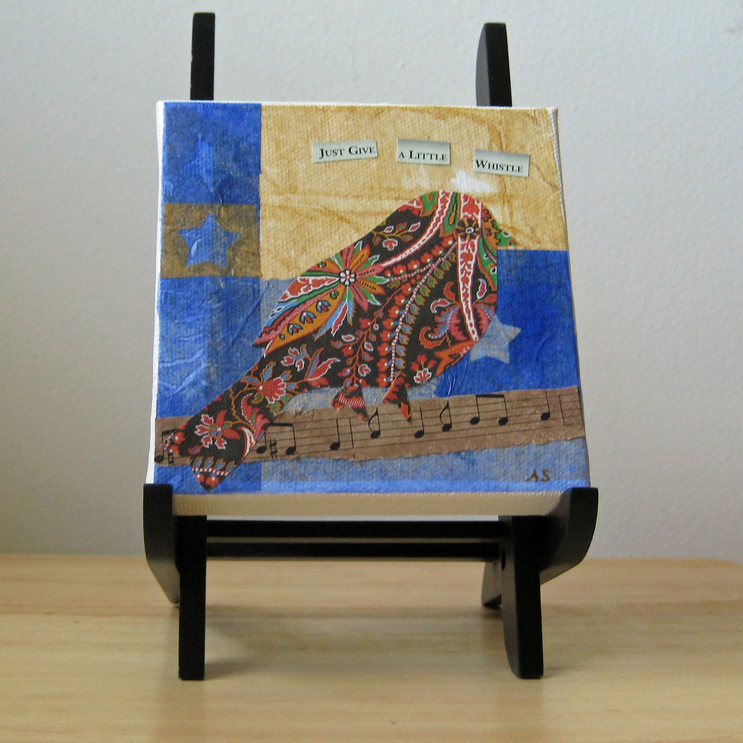 Paisley Bird Art Collage  4 x 4 Original Mixed Media Whimsical  Just Whistle