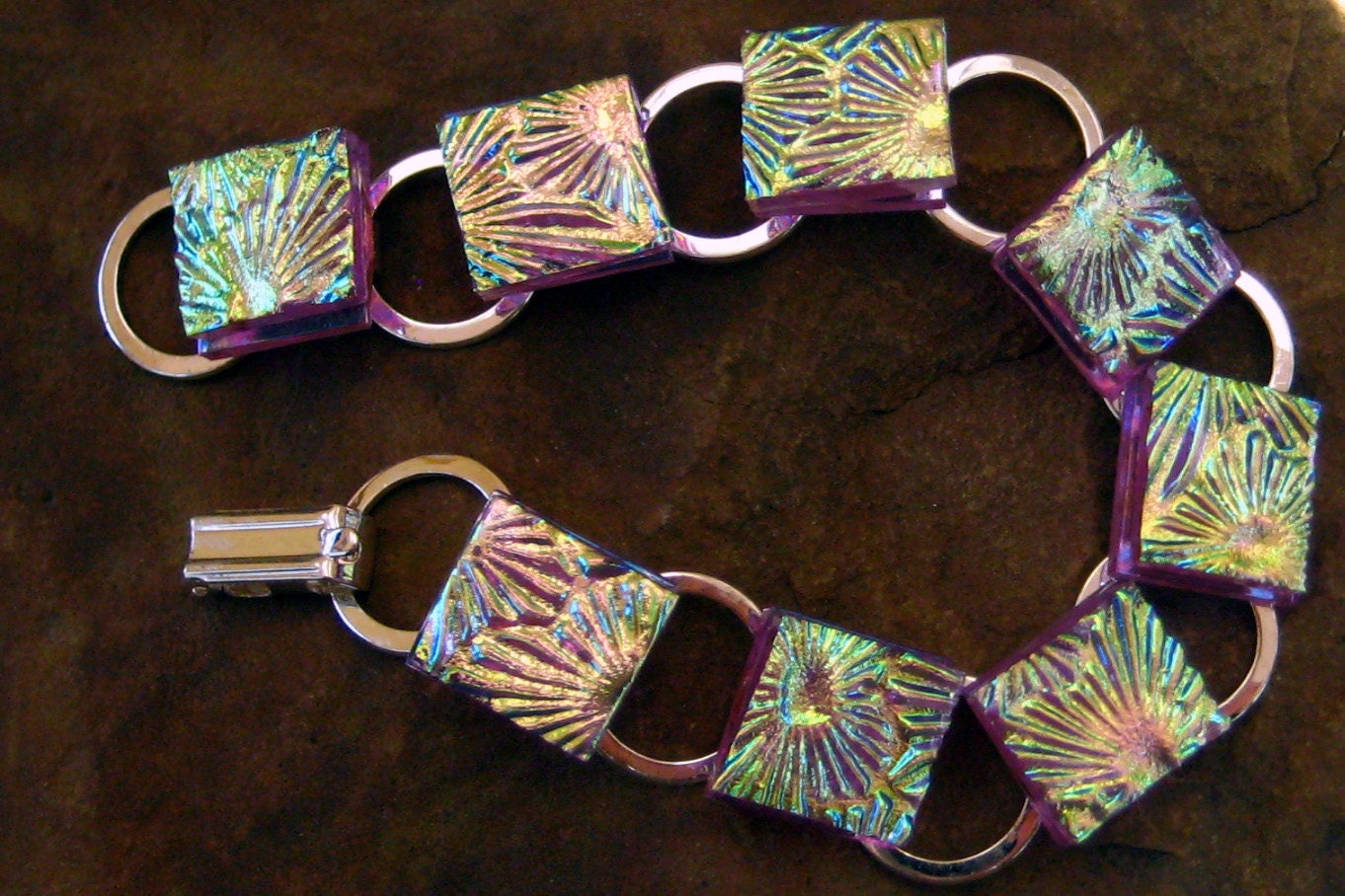 Purple Fused Glass Link Bracelet, Dichroic Textured Glass Bracelet -  Purple Flower Garden