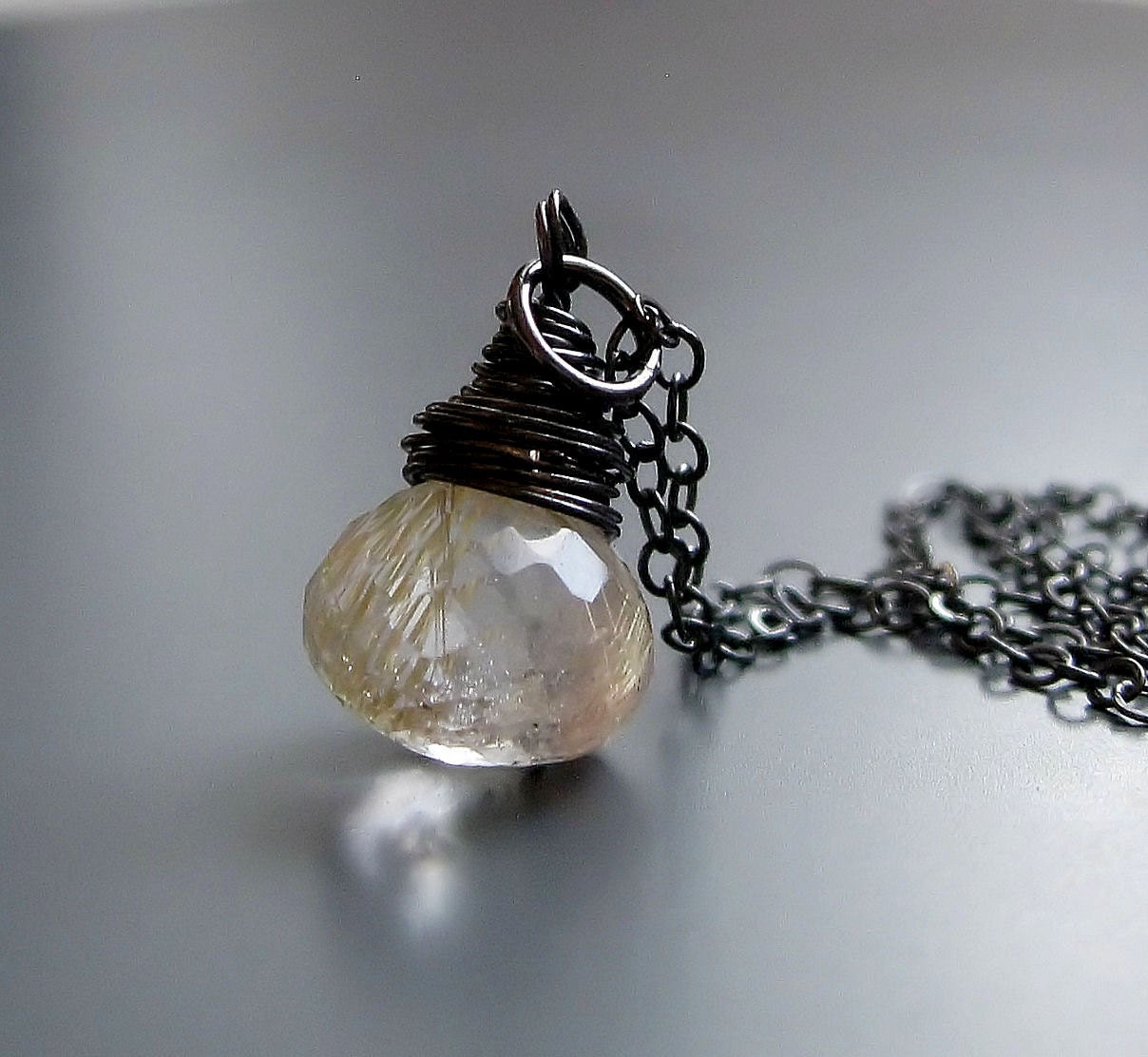 Gemstone Necklace -   Handmade Necklace, Sterling Silver, Rutilated,  Quartz Necklace,    Wire Wrapped, Gemstone Jewelry