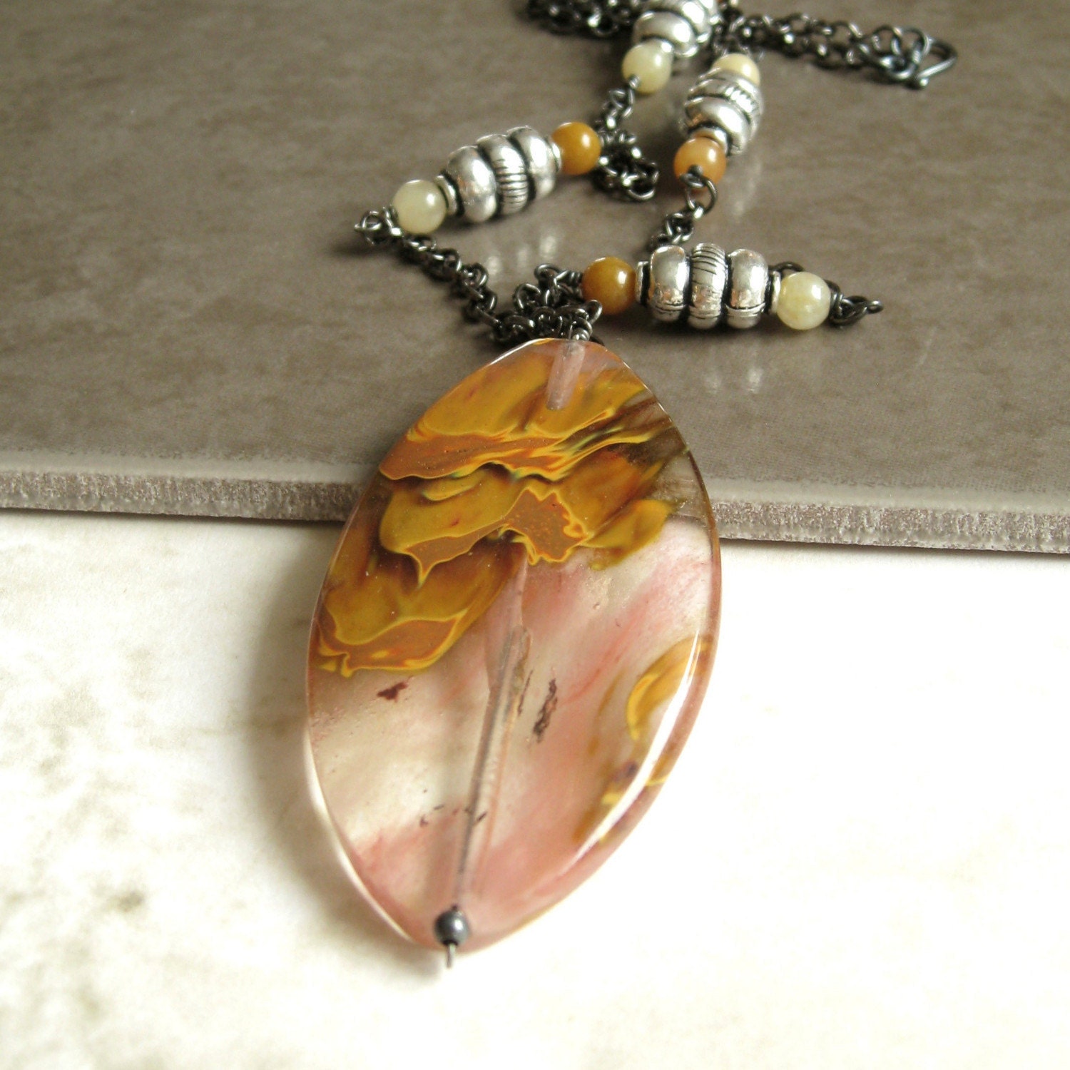 Glass Necklace -  Cherry Quartz,  Handmade, Orange,  Chunky Necklace,  Jade, Glass Jewelry