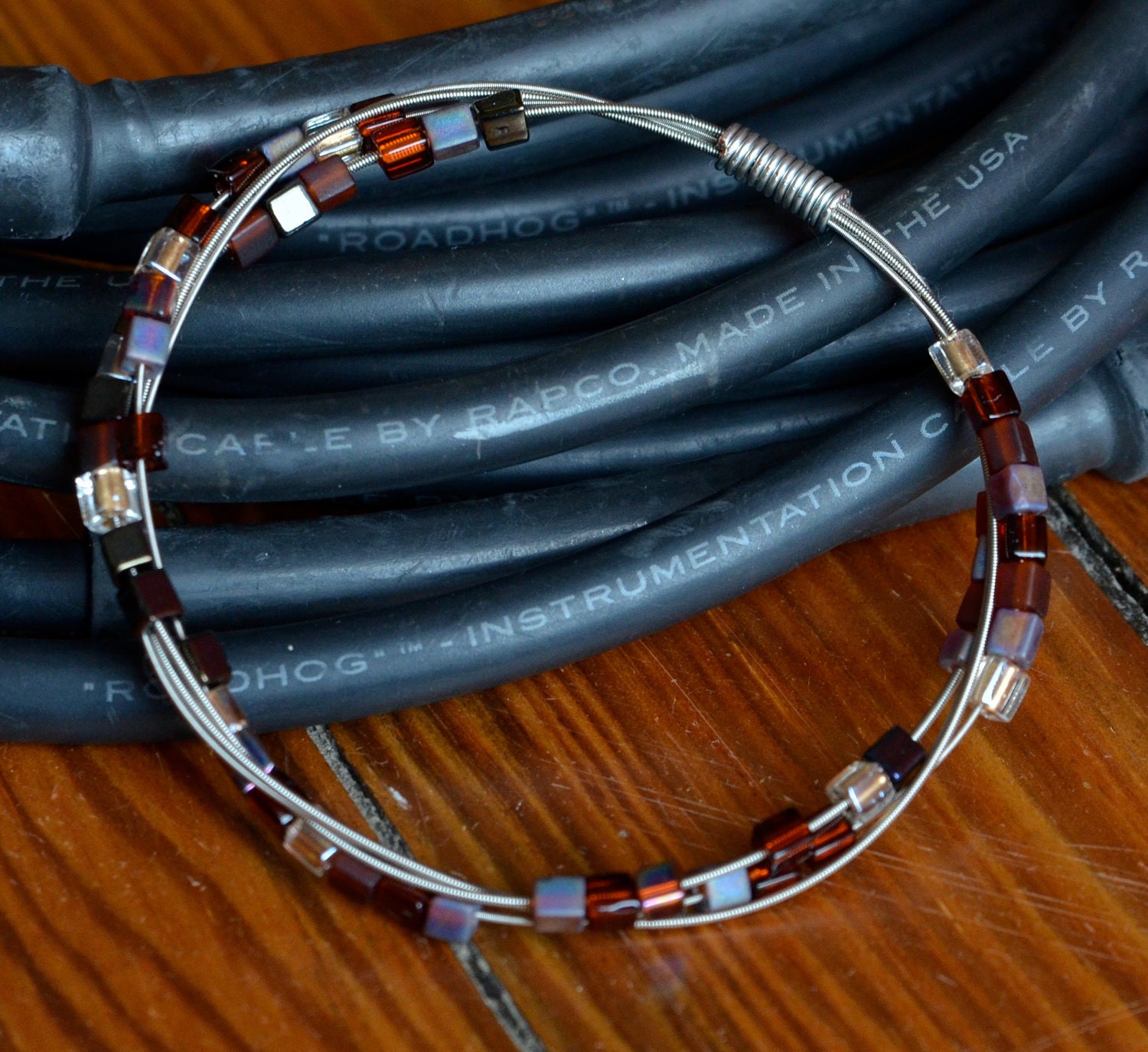 Recycled Guitar String Bangle with Square Glass Beads