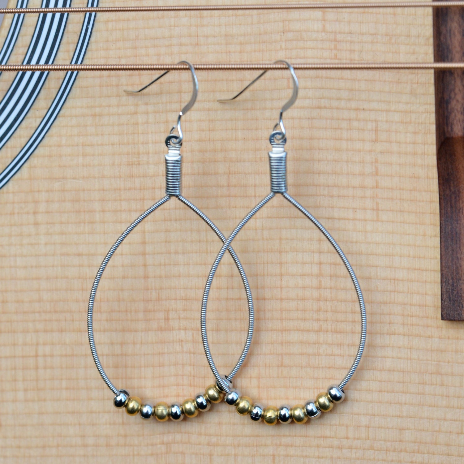 Elegant Teardrop Guitar String Earrings with Gold and Silver Beads Gift for Musician or Music lover