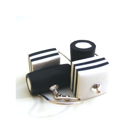 Licorice Allsorts Earrings, Handcrafted Black & White candy on Sterling Silver earwires