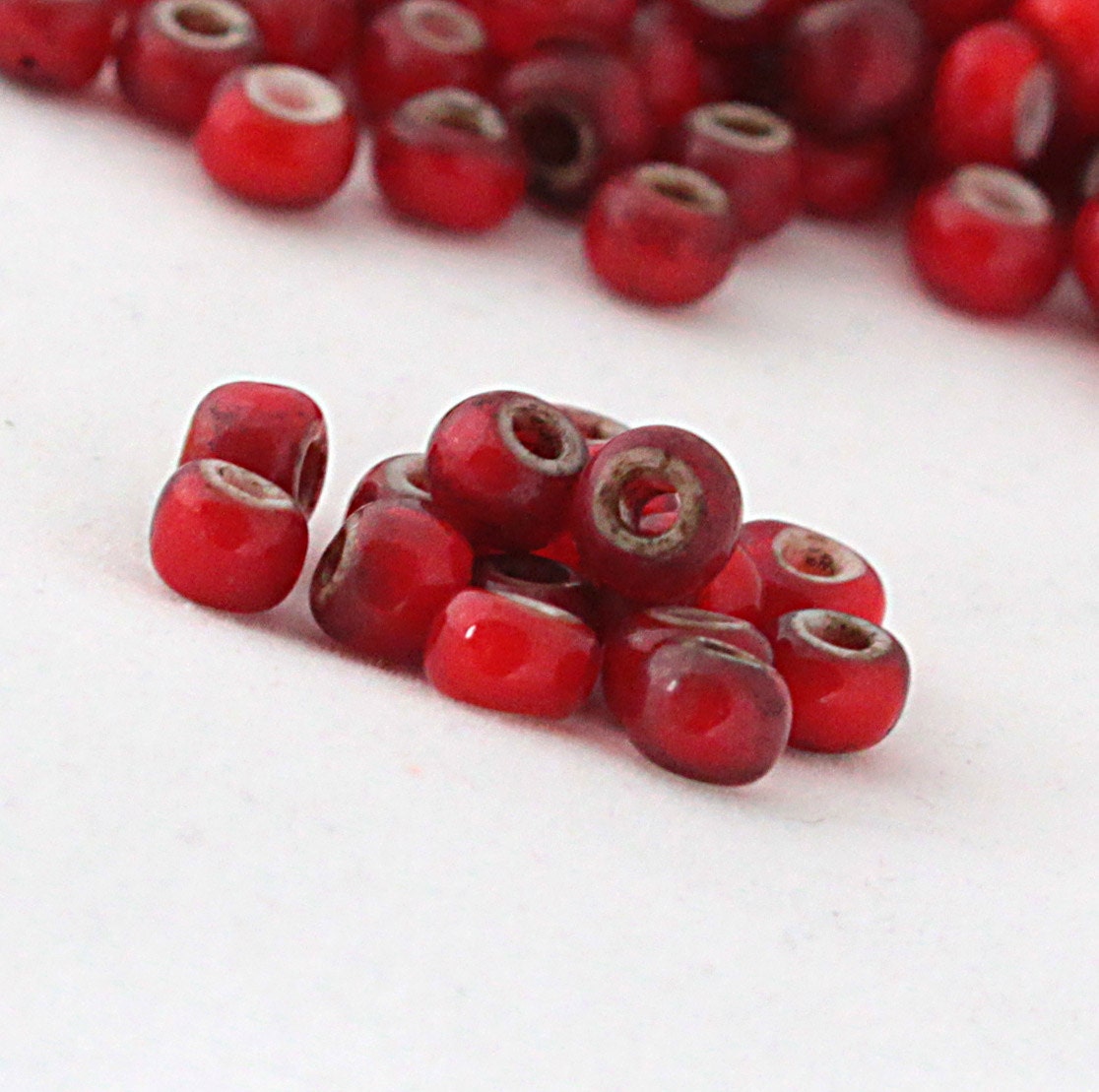 Antique Trade Beads - Red White Hearts - 15 beads - 1800s