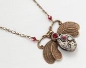 Steampunk Necklace gold brass bumble bee charm vintage watch movement gears ruby red Swarovski crystal pendant by Steampunk Nation 1581