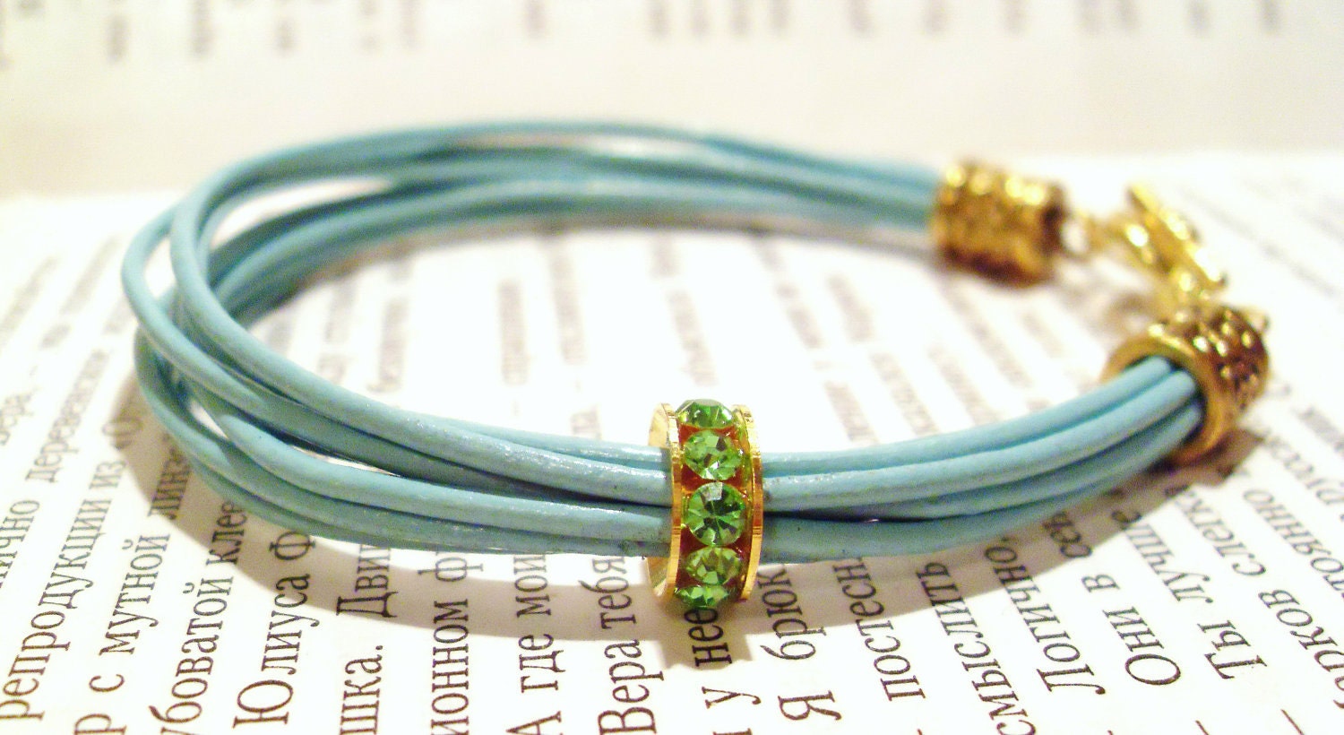 Cyan leather bangles with crystals - leather bracelet - AdrianaLV