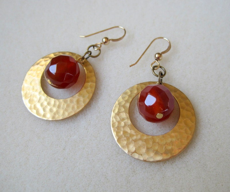 Hammered Brass Hoop Earrings. Carnelian , Gold Fill Earwires - Morocco