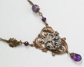 Steampunk necklace vintage silver watch movement genuine purple Amethyst & crystal Victorian gold brass leaf jewelry Steampunk Nation 1580