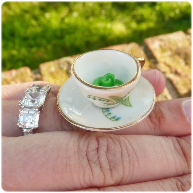 Cuppa Green rose Ring so Kawaii tea cup tea party green spring porcelain