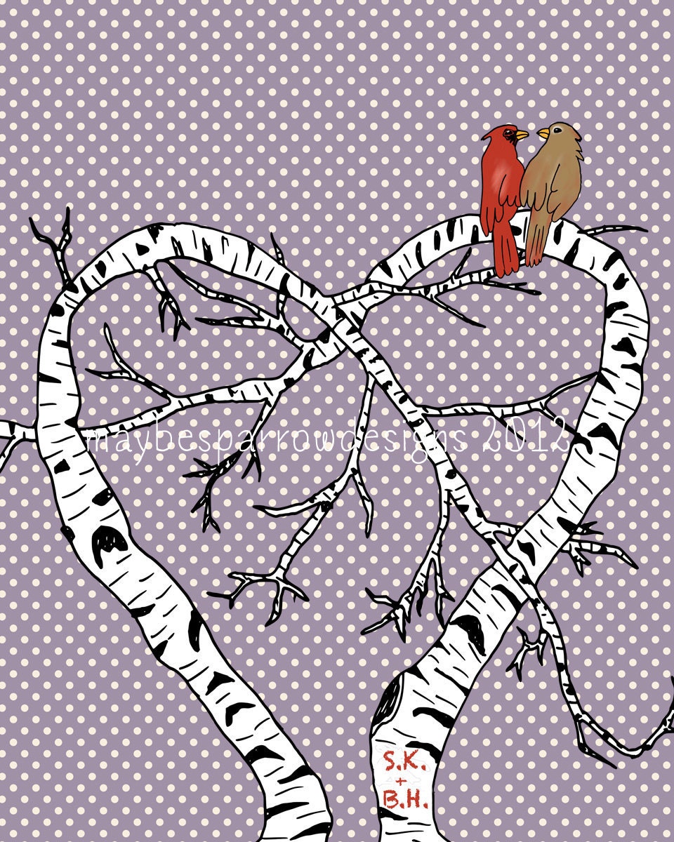 Custom Initials Wedding Art Illustration - 8x10 -Heart Tree -  Love Birds - Polka Dots - Wedding Gift - MaybeSparrowDesigns