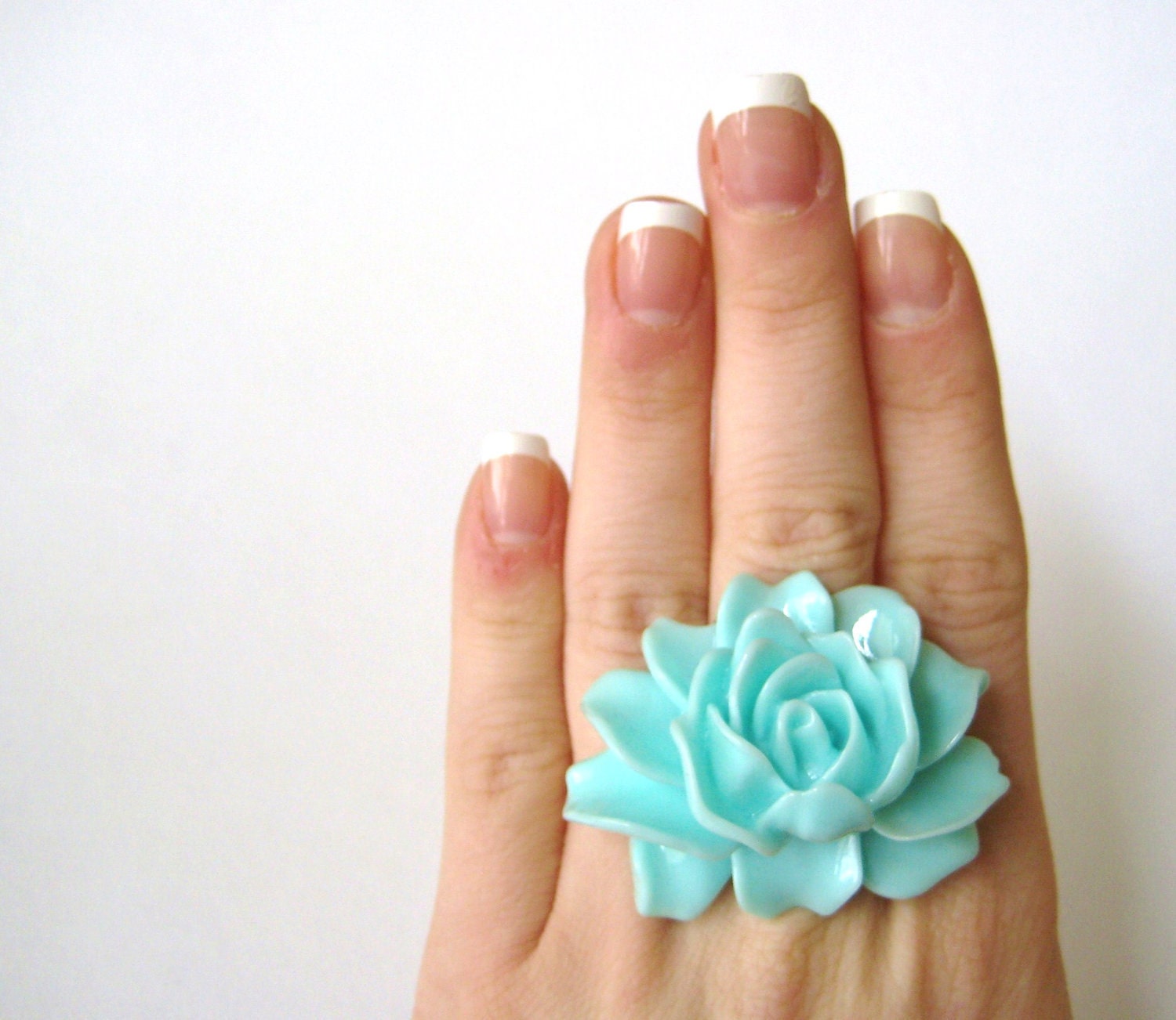 Large Ring Flower Cabochon Ring Light Blue Sky Aqua Fashion Jewelry