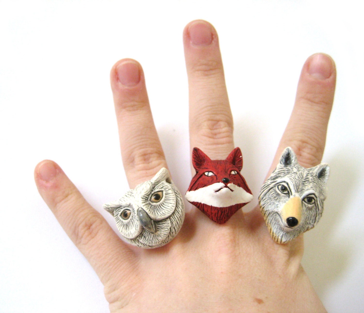 Woodland Animals Matchings Rings Ceramic Folk Set of Three 3 Best Friend Rings