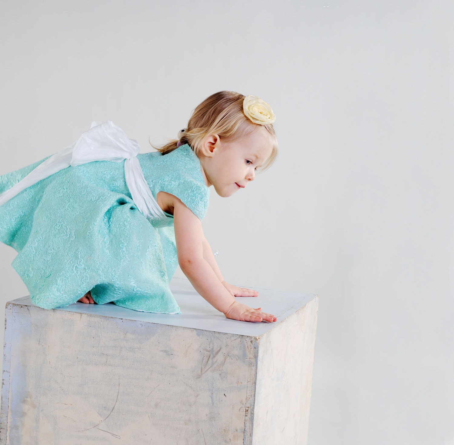 Mint dress for flower girl with silk bow felted baby girl blue dress super soft, 2 year 2T, oht gift idea for birthday ateam spring - Baymut