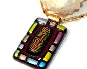 Mosaic Pendant, Tribal, Fused Glass Jewelry, Dichroic Pendant, Aztec, Earth Tones, Deep Red, Gold, Bronze (Item 10234-P)