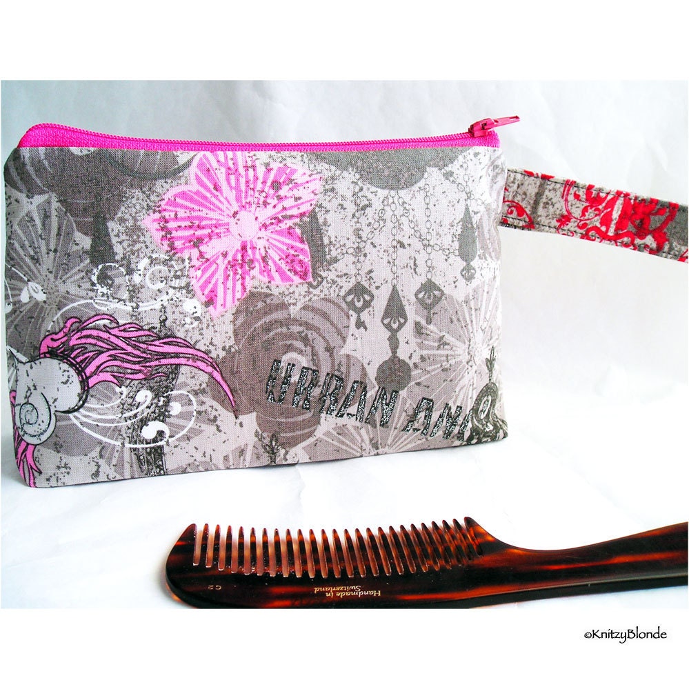 Cosmetics Bag, Knitting Notions Zipper Pouch, Project Bag Gray Hot Pink Silver Glitter Urban Angel