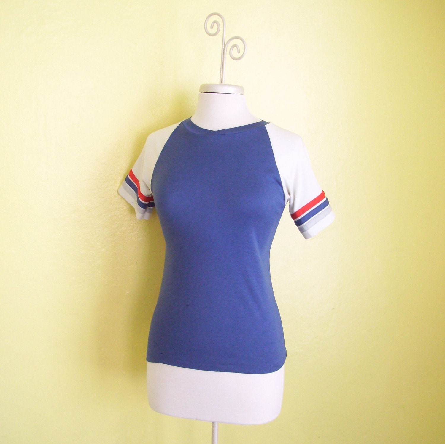 1970s Blue Cotton and Polyester Sports Ringer Tee with White and Red Raglan Sleeves Size Small Vintage