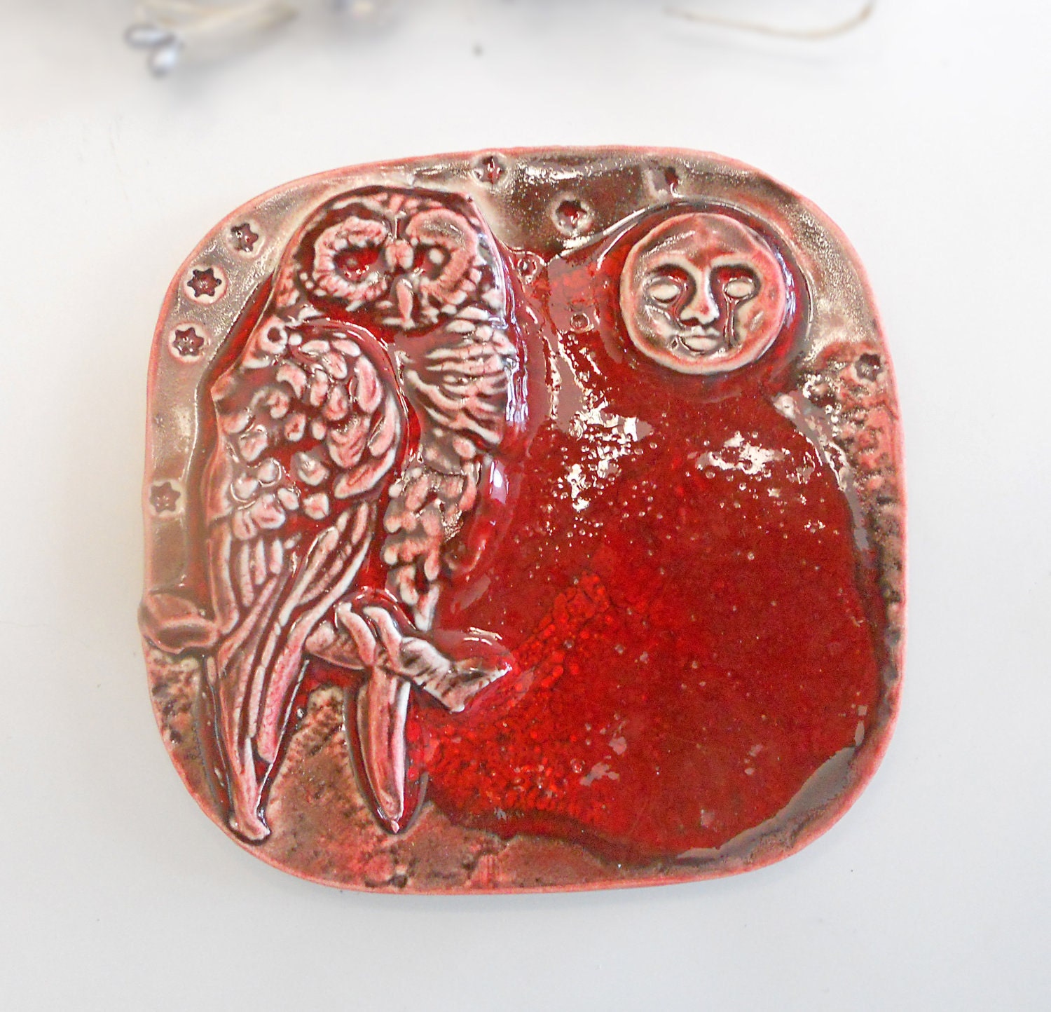 Owl Plate with Red Recycled Glass Handmade Pottery