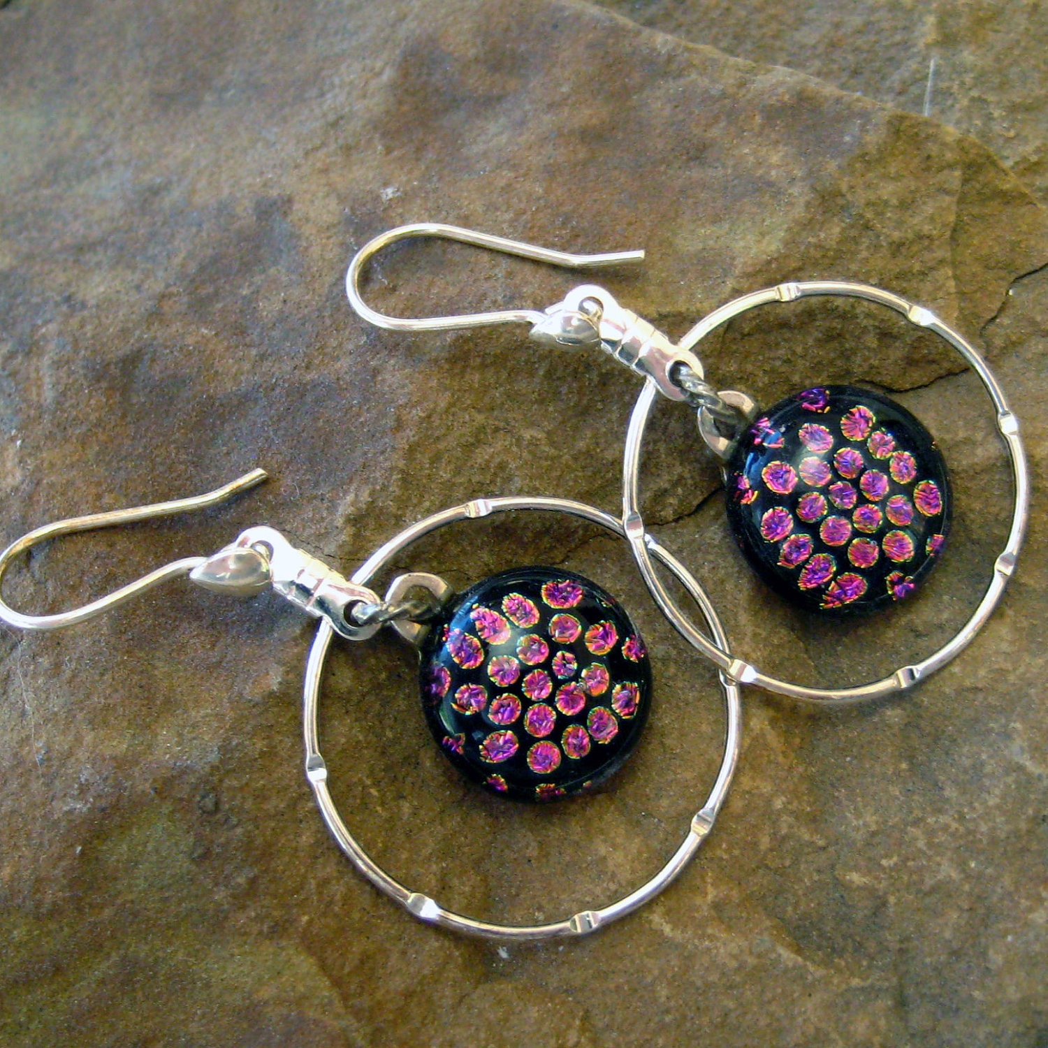 Dichoric Fused Glass Hoop Earrings -  Rosy Pink Polka Dots