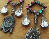 Antique religious earrings paste rhinestone bezel set dangle Madonna French vintage assemblage sterling one of a kind