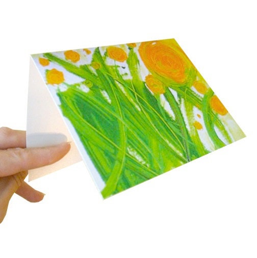 POPPiES folded note card - greeting card - stationery - orange green flowers - contemporary fine art