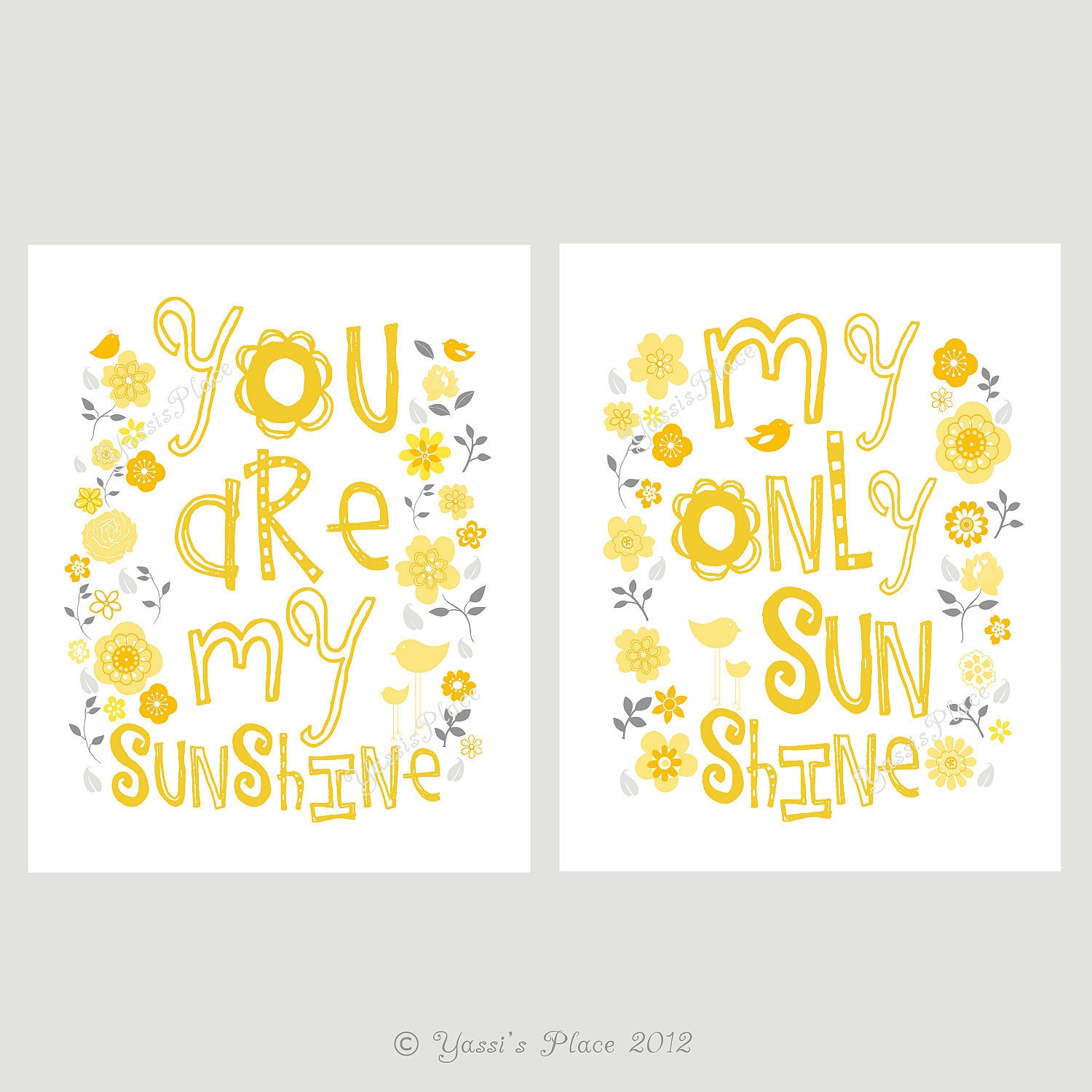 Yellow and Grey You Are My Sunshine Print Set 8x10- Flowers and birds matches MIGI Sweet Sunshine Nursery Bedding - YassisPlace