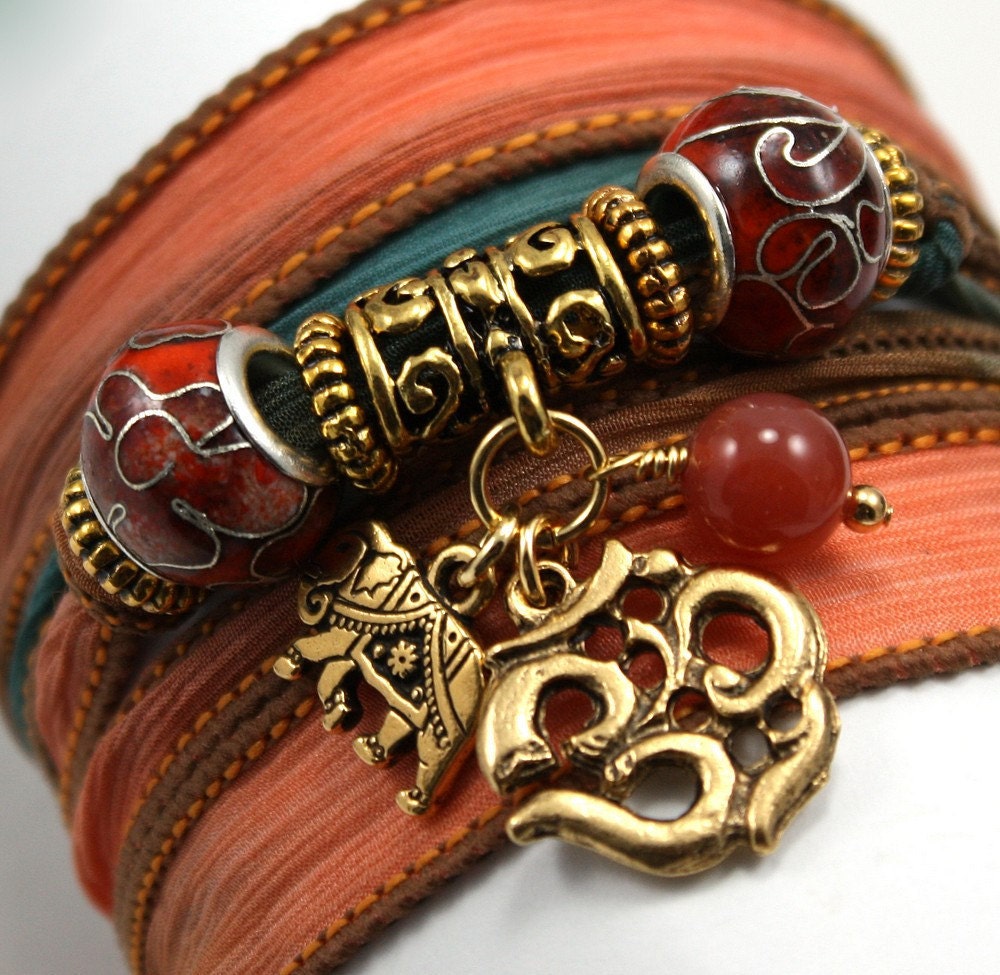 Hand Dyed Silk Wrap Bracelet - Autumn Sunset with Cloisonne Rondelles, Antique Om, Indian Elephant and Carnelian Beads - anjalicreations