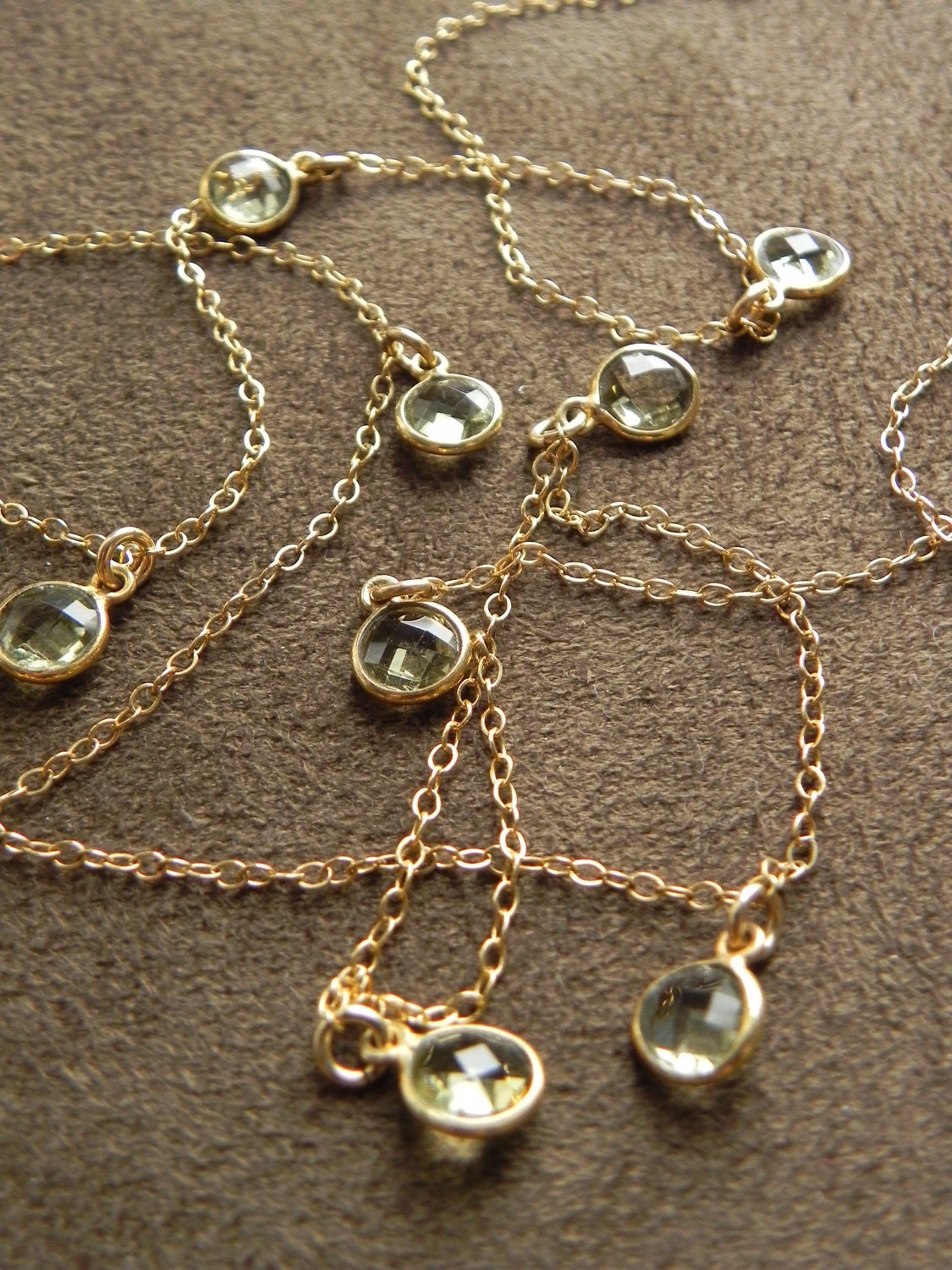 SALE  Green Amethyst Coin Drop Necklace on Gold Filled Chain 28 Inch SALE