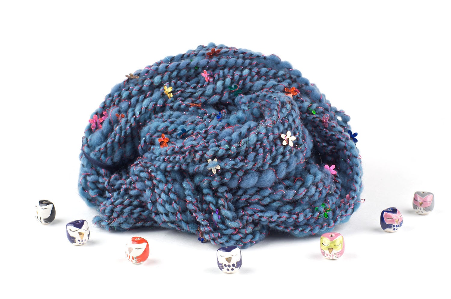 Handspun Art Yarn, Blue merino with Sparkle wrap and flowers. 'Flowers in the Sky' by WoolWench