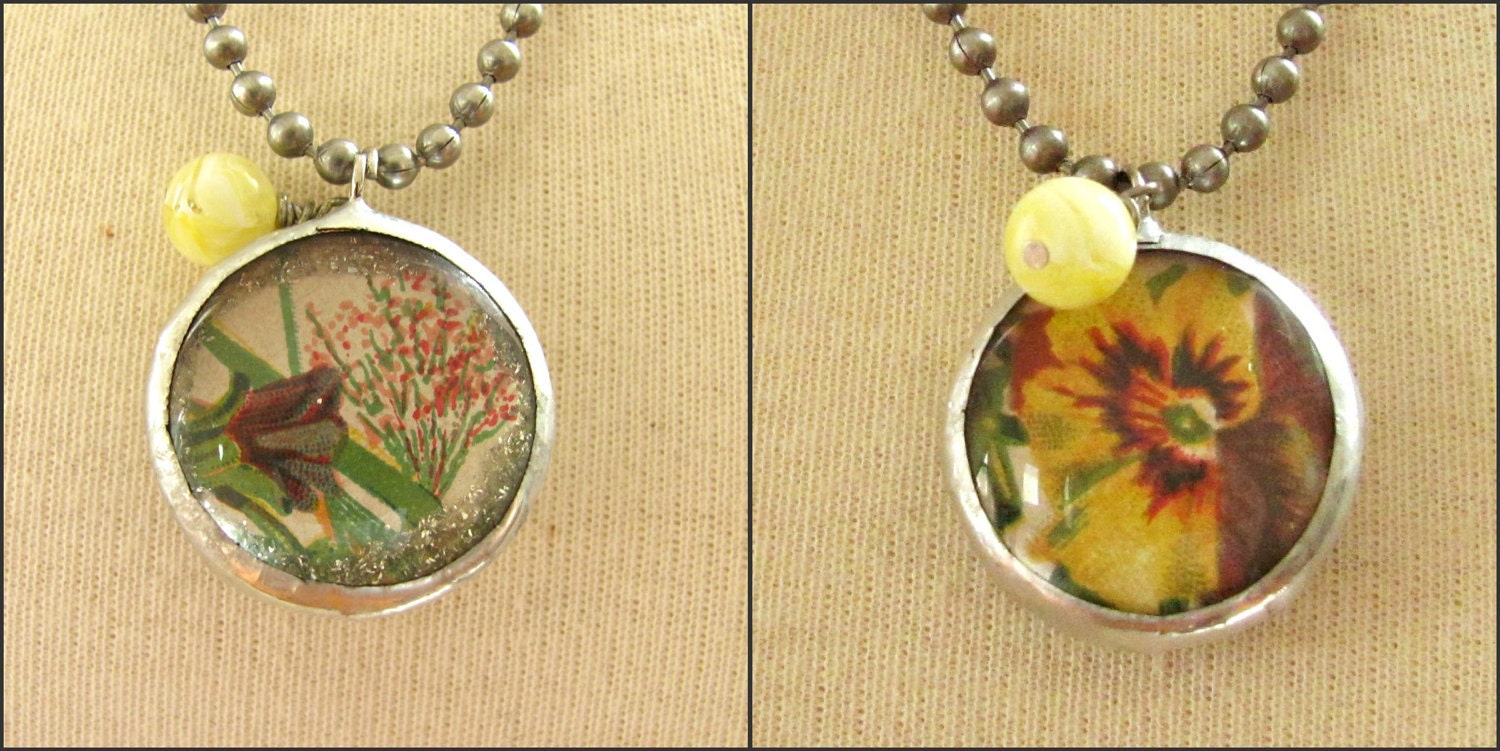 garden series soldered pendant - vintage calling card - free shipping