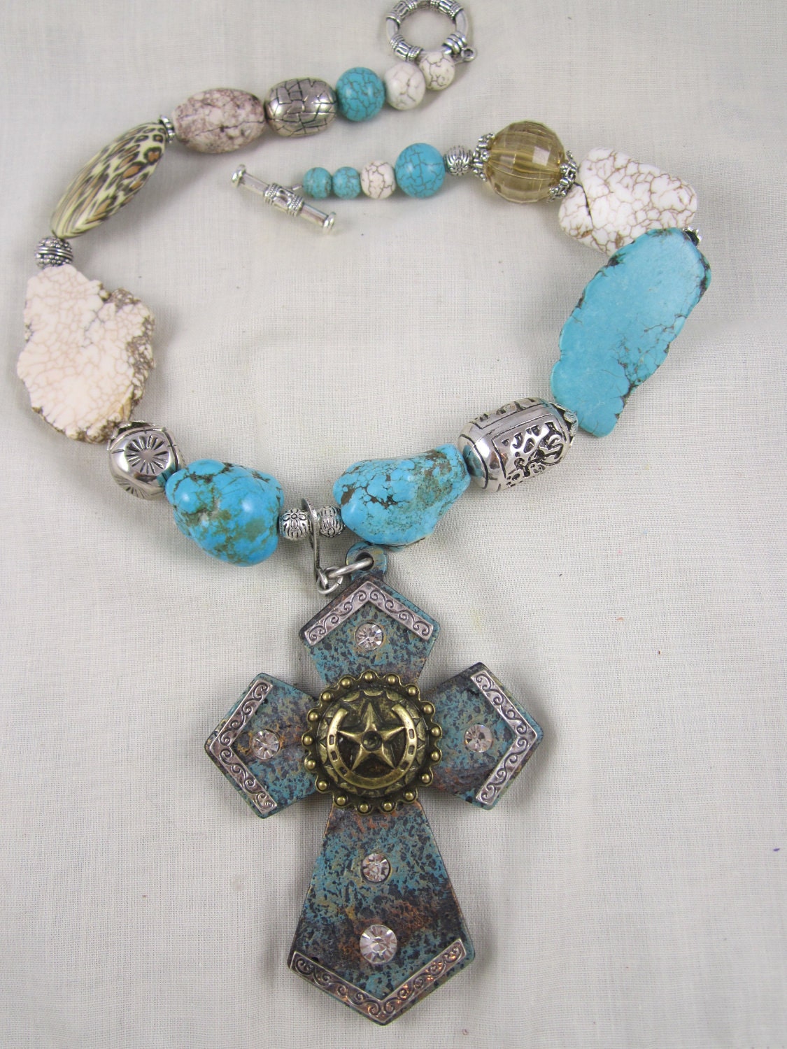 Western Cross Necklace Chunky Turquoise  Magnesite