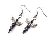 Black, Purple, Crystal & Acrylic Dragonfly Earrings