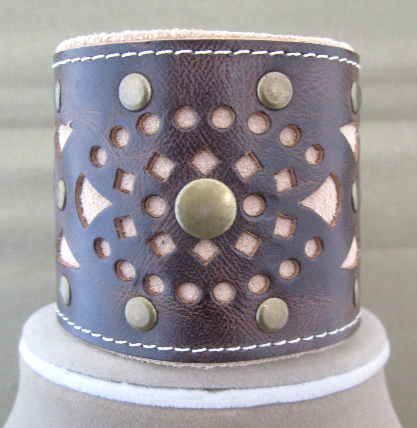 Brown Leather Cutwork Cuff Bracelet Studded